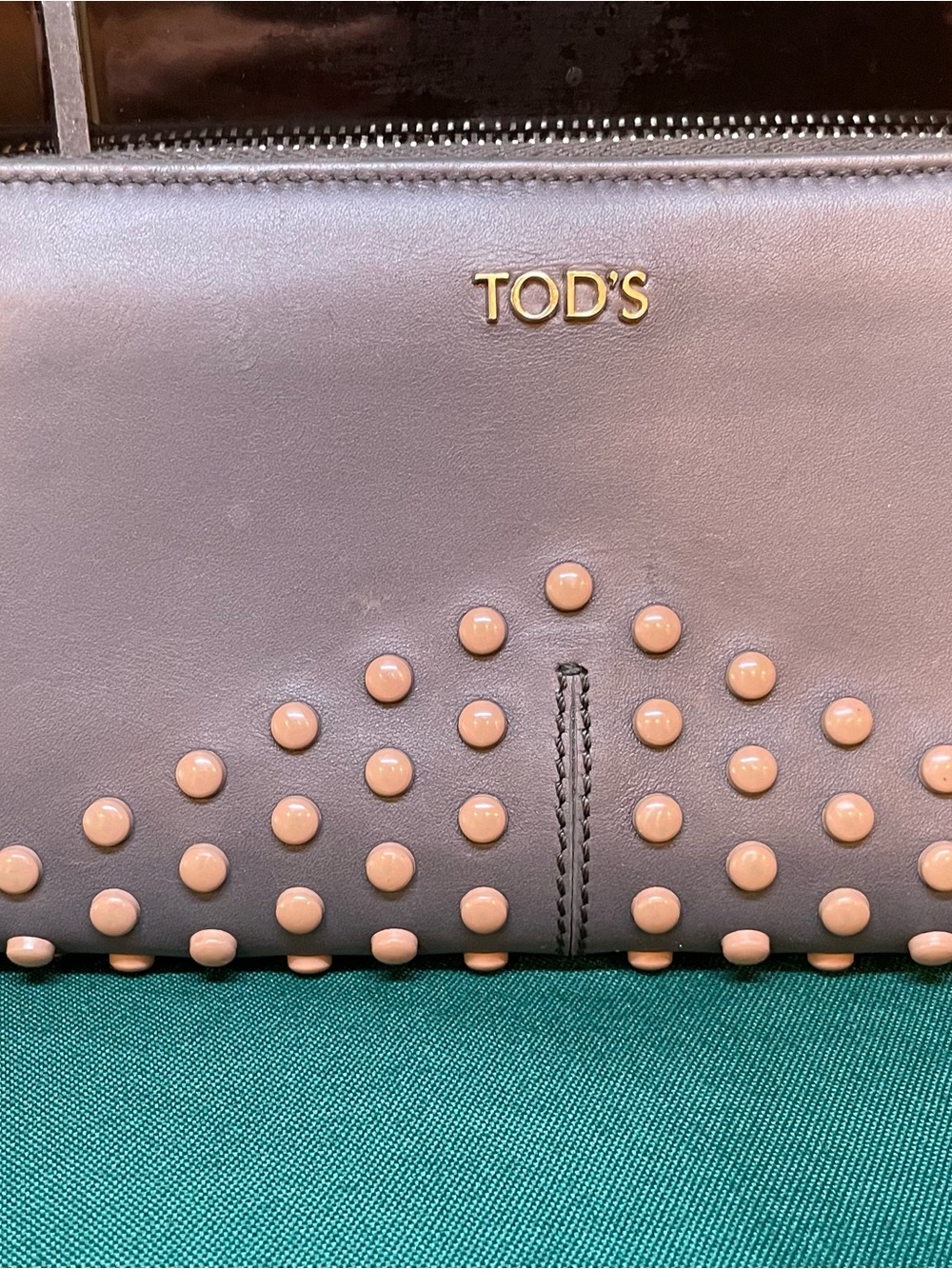 TOD'S Grey Calfskin Leather Clutch with Tan Stud Detailing